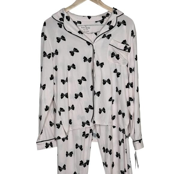 Kate Spade New York Pink Black Bow Print Two Piece Pants Pajama Set Size Large - Picture 9 of 11